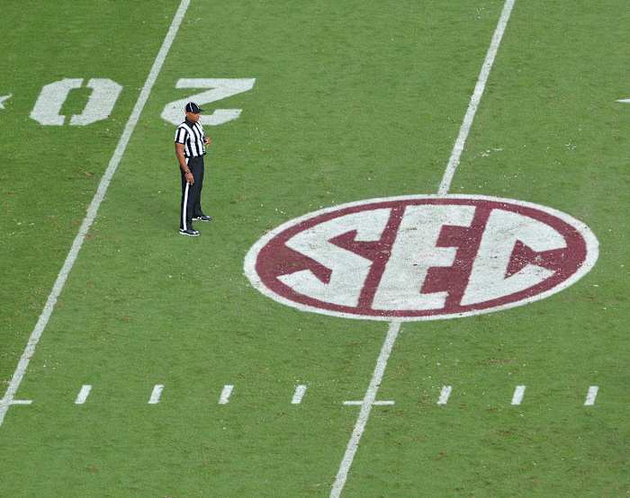 Oct 10, 2015; Starkville, MS, USA; The SEC logo on the field as the Mississippi State Bulldogs hosted the Troy Trojans at Davis Wade Stadium. Mississippi State won 17 - 45. Mandatory Credit: Matt Bush-USA TODAY Sports